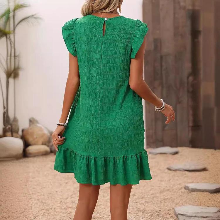 Women Summer Solid Color One Piece Dress Loose Ruffles Fly Sleeve Above Knee Holiday Beach
