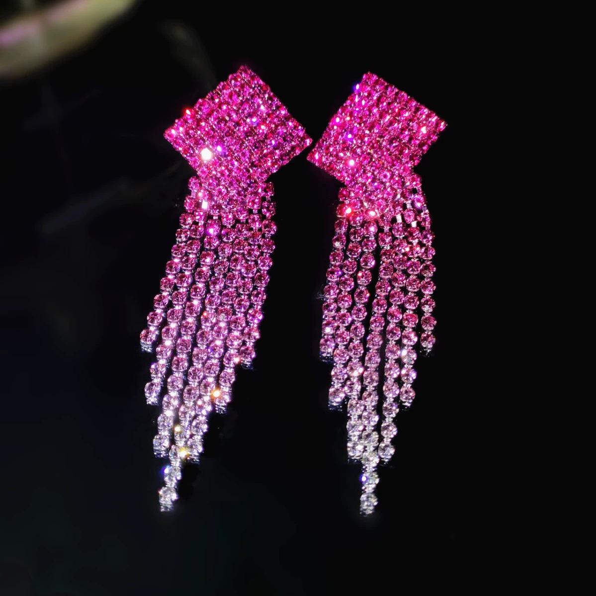 

Розовые Градиентные Роскошные Серьги с Кисточками из Страз