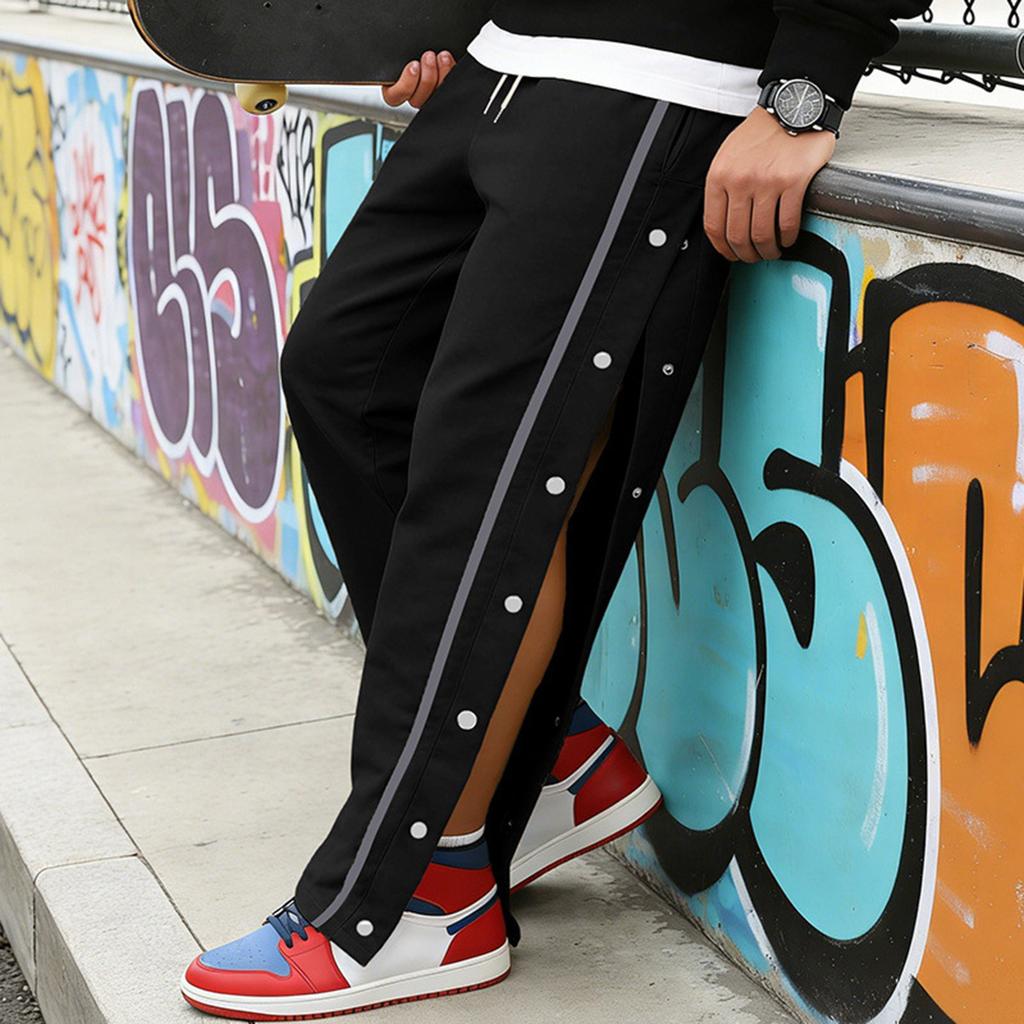 Men's Solid Color Trousers Men's Single Breasted Striped Loose Sweatpants