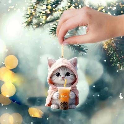 Car Hanging Pendant 2D Kitty In Hoodie Holding Milk Tea Figurine Lightweight School Bag Shoulder Bag Pendant with Beaded Chain Holiday Gift
