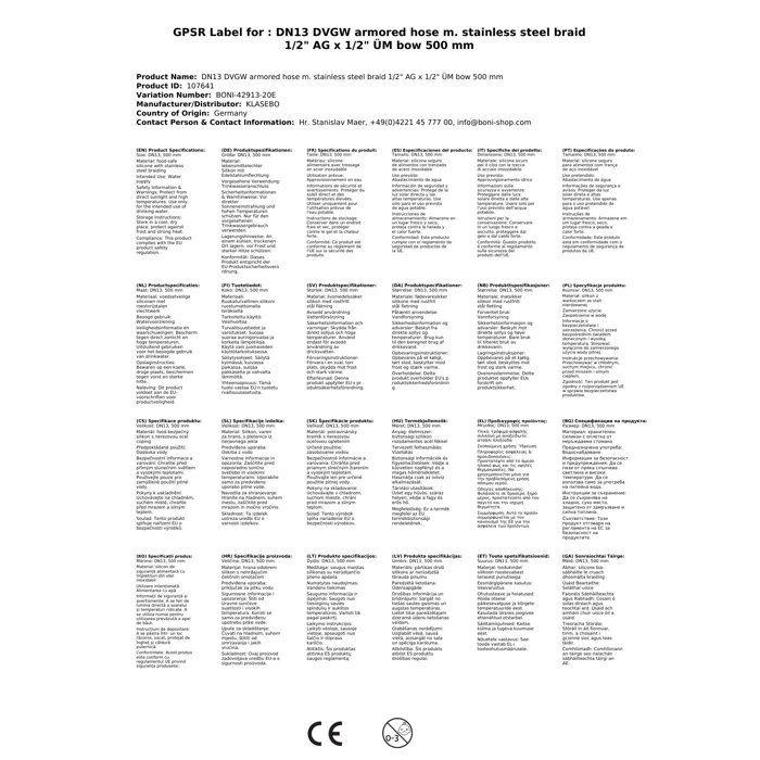 Flexibel Edelstahl - KLASEBO - DN13 - 1/2' AG x 1/2' ÜM - Beständigkeit 10 bar - Hygiene zertifiziert DVGW