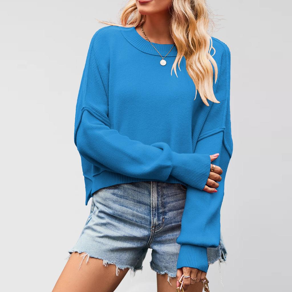 Women's Solid Striped Fashion Round Neck Knitwear Loose Pullover Sweater