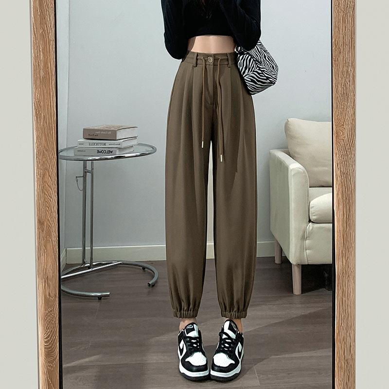 

Брюки Харлан на завязках, детский летний повседневный костюм, комбинезон на кулиске, высокая посадка, драпировка, брюки-шаровары-редиски, высокая талия и стройнящие S светло-коричневого