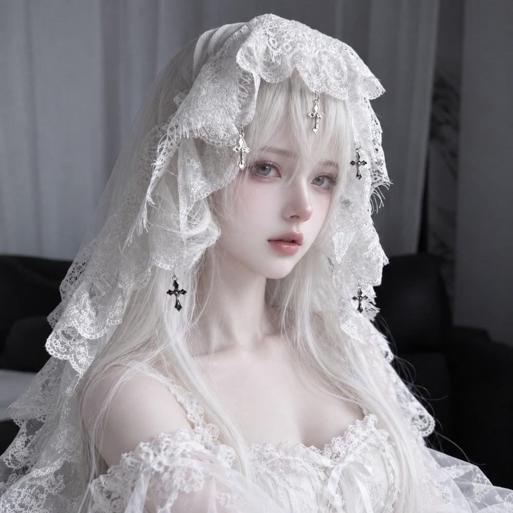 Black and White Lolita Tulle Head Cover Cross Pendant Lolita Lace Veil Y2K Wedding Veil Women