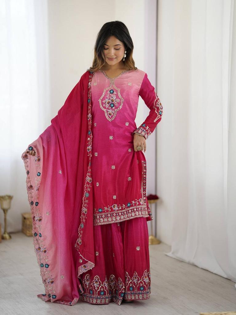 Indian Women Sharara Salwar Suit Party Wear Bollywood Ethnic Chinon Salwar Kameez Palazzo