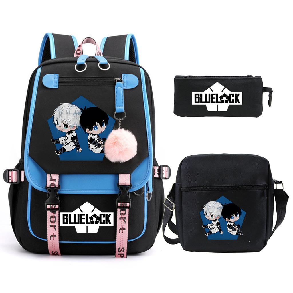 Blue Prison Student School Bag Large Capacity Children'S Shoulder Bag Casual Pencil Bag Set