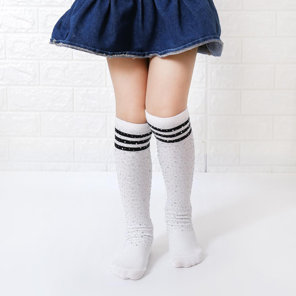 1 Pair New Sparkle Rhinestone Kids Crew Socks Colorful Striped Soft Cotton Socks Fashion Toddler Socks Bling Children