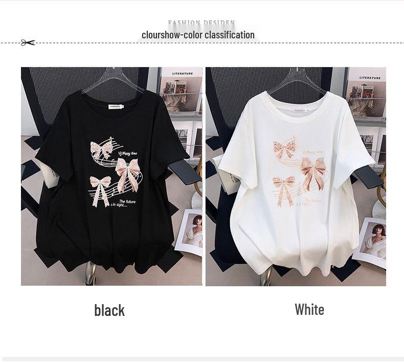 Women's Plus Size Loose Mid-Length Round Neck Short-Sleeve T-Shirt (Sizes 200/300/350 Jin)