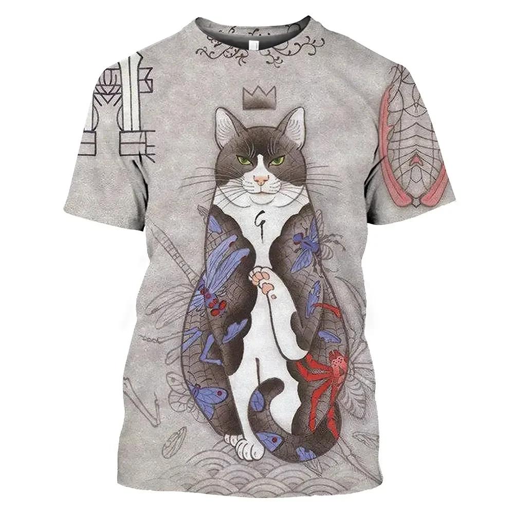New Vintage T Shirt Men Japanese Style Short Sleeve Tops 3D Cat Tattoo Print O-neck T-shirts Oversized Tee Shirt Men Clothing