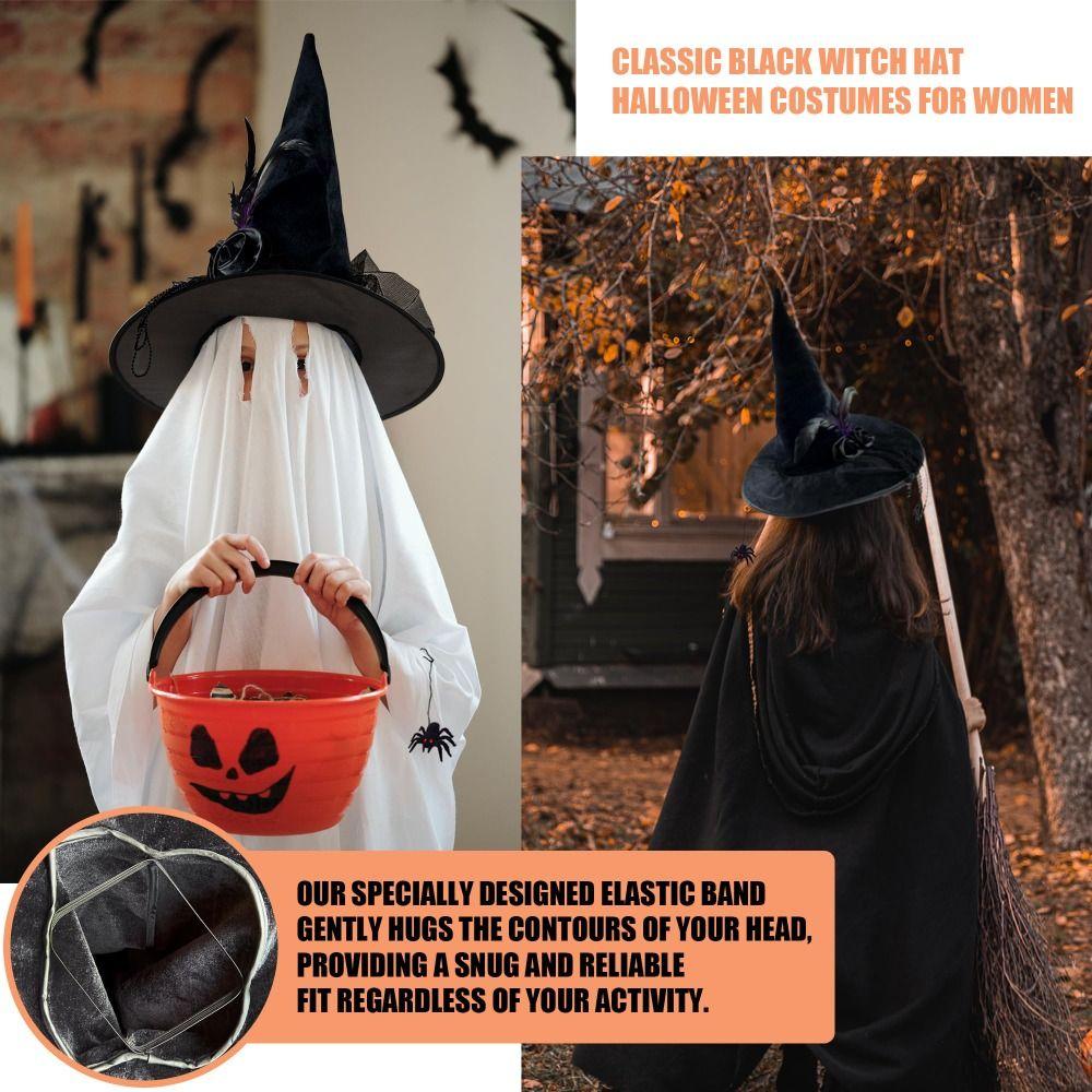 Black Spider Halloween Witch Hat With Black Veil Flower Feather Knit Pleated Wizard Hat Comfort Witch Costume Accessories