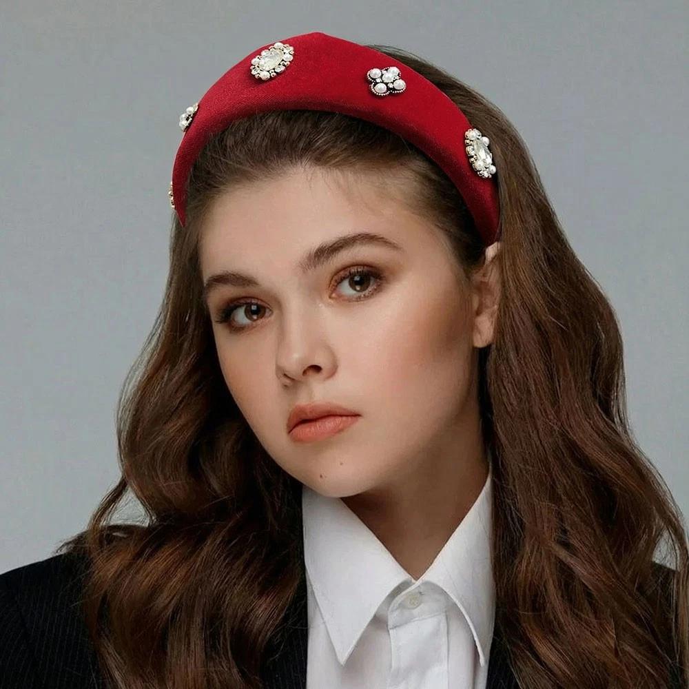 1pc European and American Velvet Headband for Women,Hairbands with Diamonds and Pearls Hair Hoop Lady Headwear Daily Wear