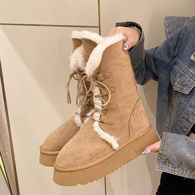 Platform Dameslaarzen Winter Korte Pluche Warme Sneeuwlaarzen Hoge Schacht Veters Dames Mid-kuitlaarzen
