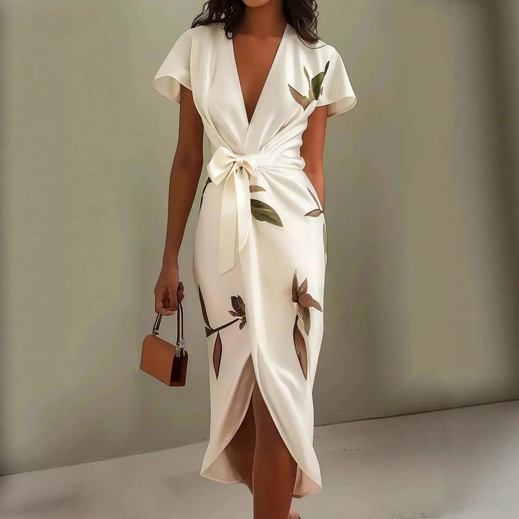 Women s V Neck Short Sleeve Printed Wrap Dress High Waist Tie Knot Midi Dress for Summer S белый