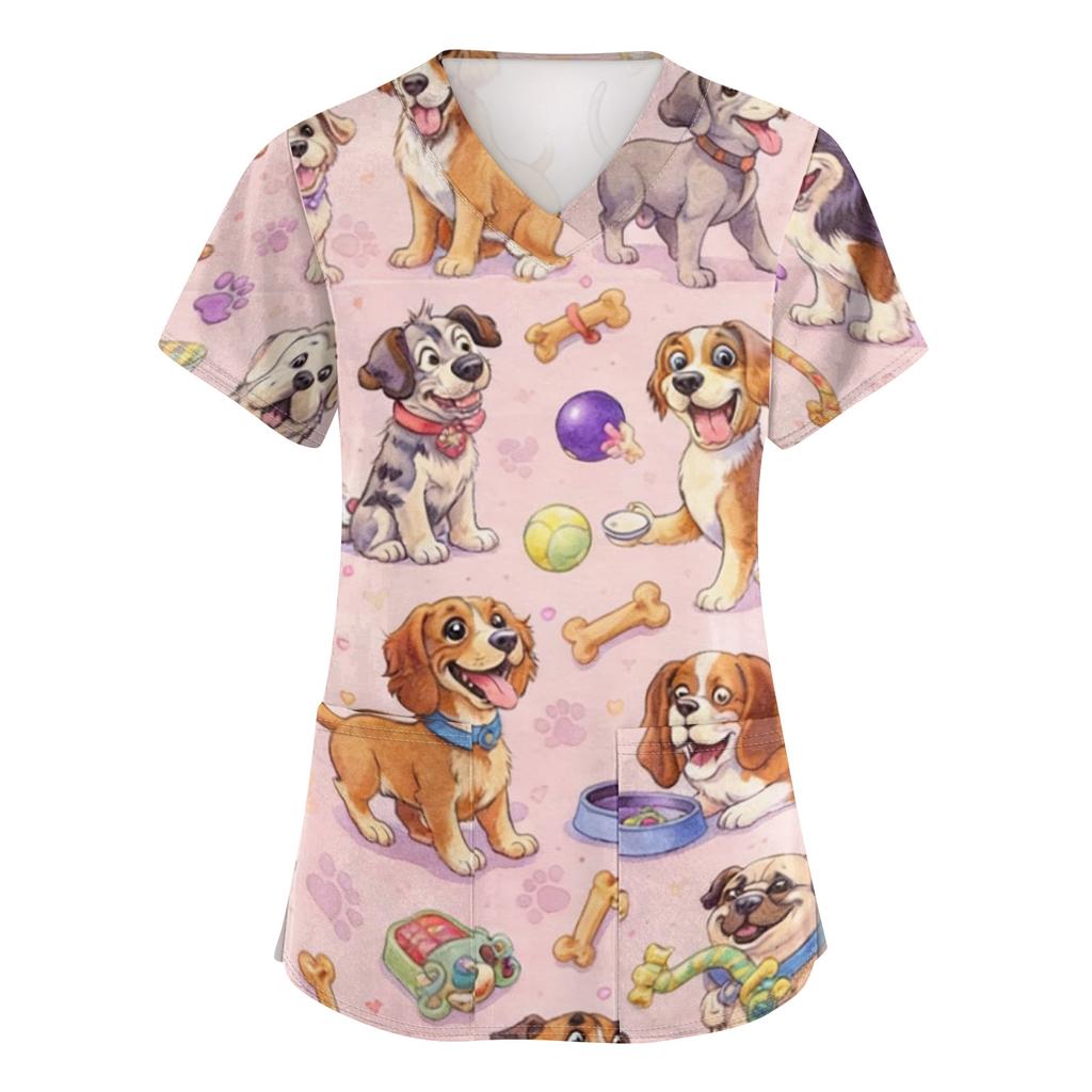 Women's V Neck Short Sleeve Work Top with Pockets Animal Print Professional Uniform Shirt for Healthcare Nursing Staff