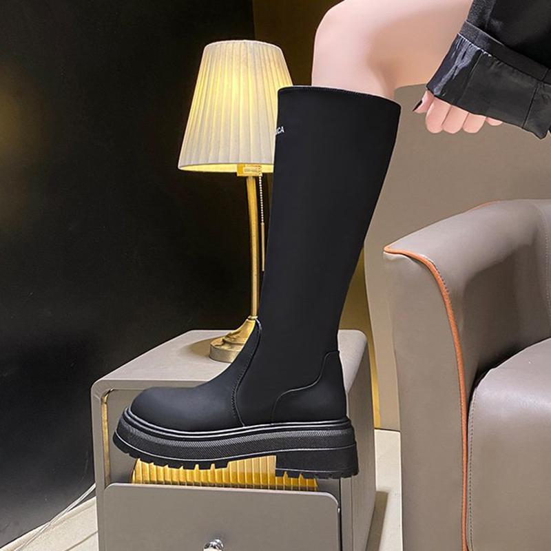 Mote høst knelhøye støvler for kvinner Ekte skinn Tykksålede Høyere Skorsteinsskaft Utendørs Trendy Damestøvler 35-40