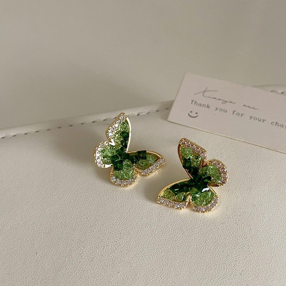 Green Crystal Butterfly Stud Earrings Female Design Sense Niche Personality Versatile Temperament Earrings Earrings