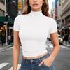Dames T-shirt met korte mouwen, slank gesneden, met opstaande kraag, rekbaar, lichtgewicht, ademend, basic top voor dagelijks gebruik