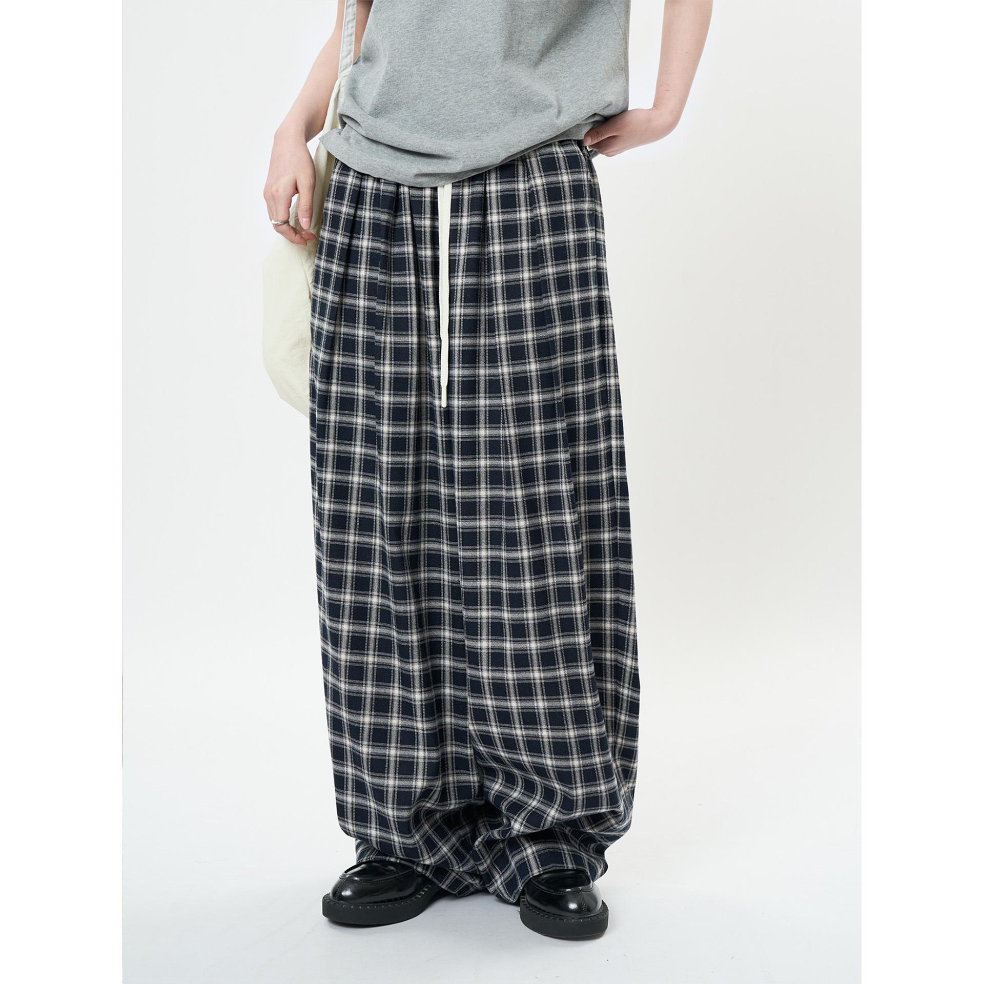 Johnature Korean-style Lazy Comfortable Plaid Casual Pants Loose Simple Long Pants Elastic Waist For Women S