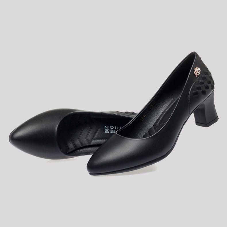 Work Shoes Single Order Shoes Women's Leather Shoes Pointed Toe Thick Heel Versatile Shallow Mouth Women's Shoes