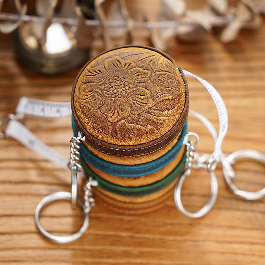 Vintage Crazy Horse Genuine Cowhide Tape Measure Handmade Mini Sewing Ruler Retro Leather Keychain Pendant Measuring Tapes