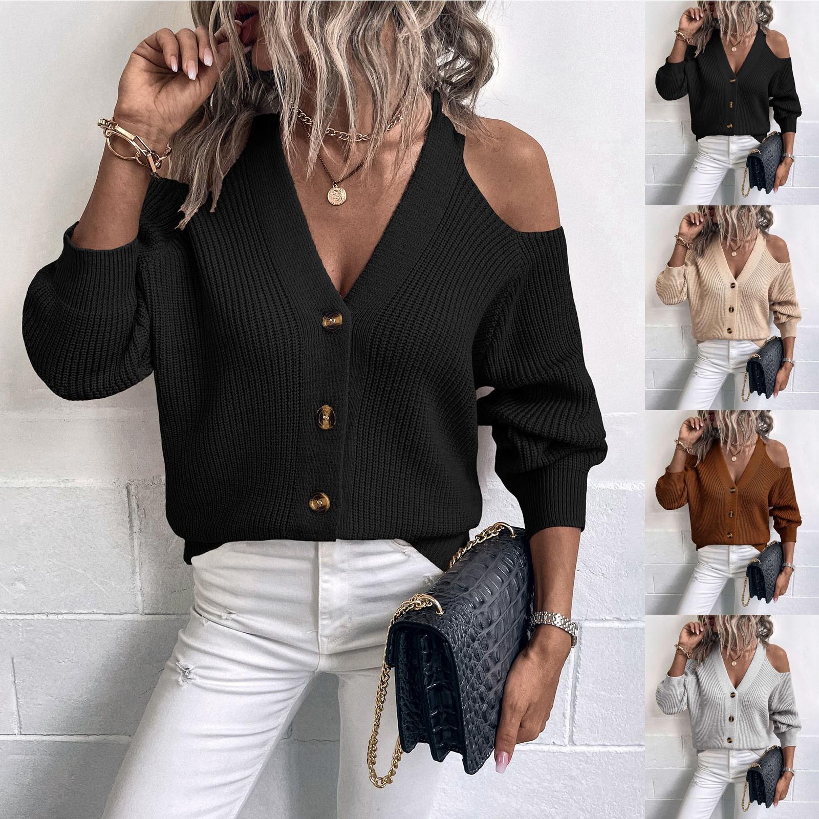 

Женский повседневный модный вязаный однотонный свитер с открытыми плечами и длинными рукавами