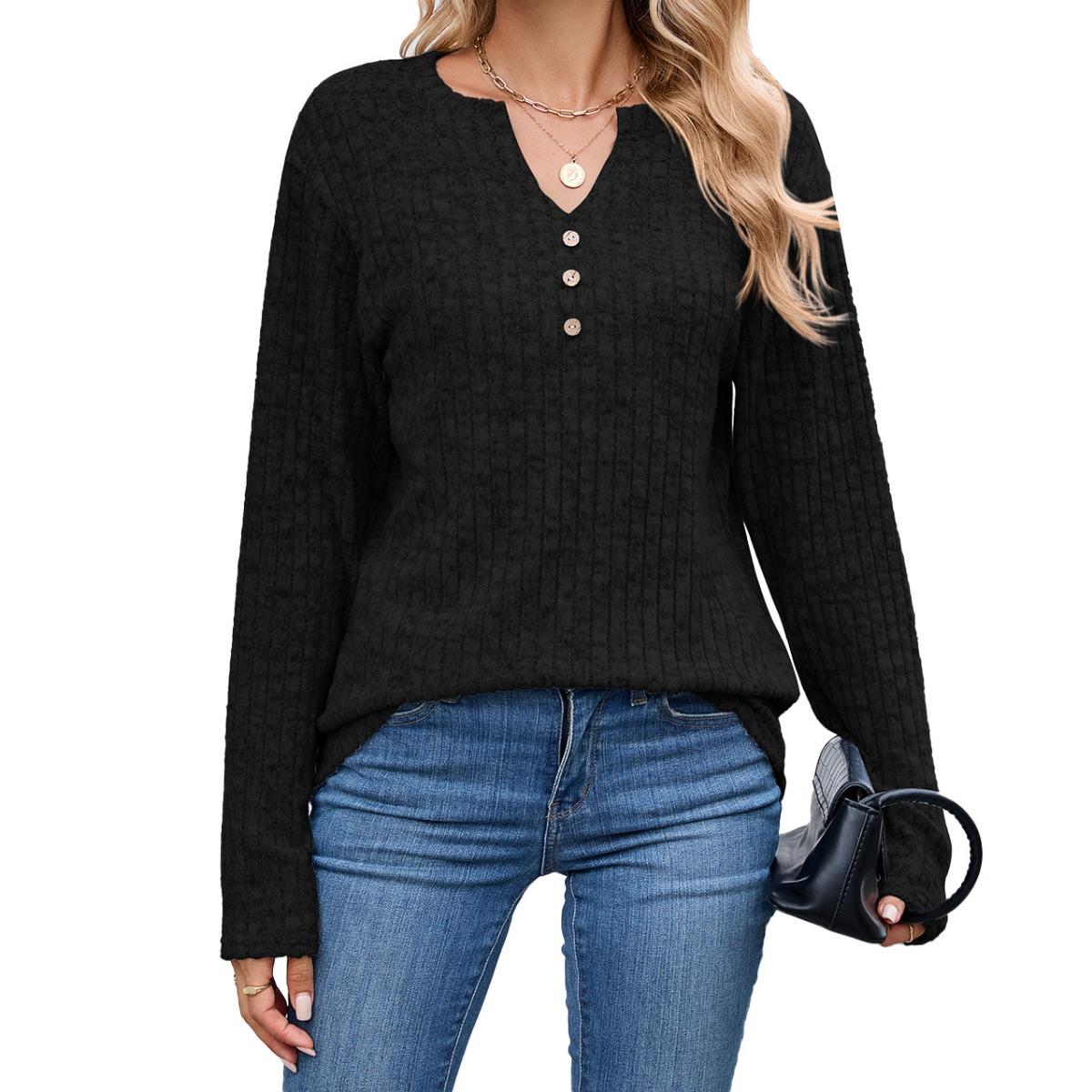 Fall Winter New Women s V-neck Buttoned Loose Long Sleeve T-shirt Top Casual Tops for Women S чёрный