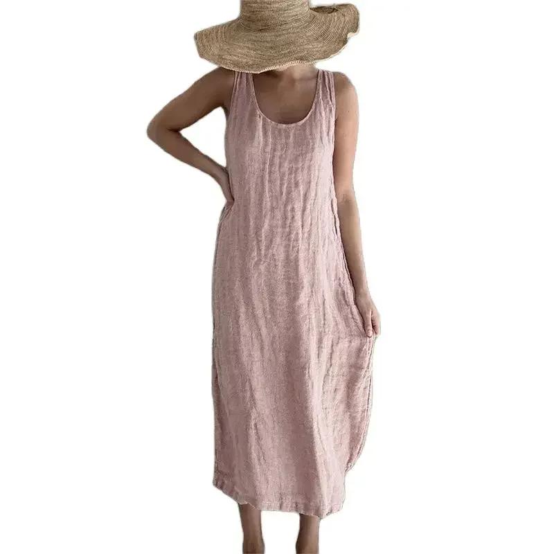 Women Comfortable Casual Linen Dresses Summer Solid Color Side Pockets Dress O Neck Pullover Sleeveless Gown