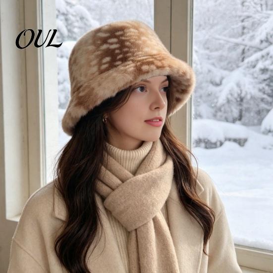 Cute Deer Print Hat Women Spotted Hat, Faux Fur Bucket Winter Scarf, Girlfriend Present Soft Cozy Furry Fisherman for Girls, Autumn Accessory