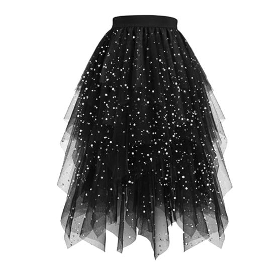 Damenrock Sternenhimmelmuster Doppellagig Mesh Hoher Bund Rock mit unregelmäßigem Saum Asymmetrisch Hoher Schlitz Party Auftrittsrock