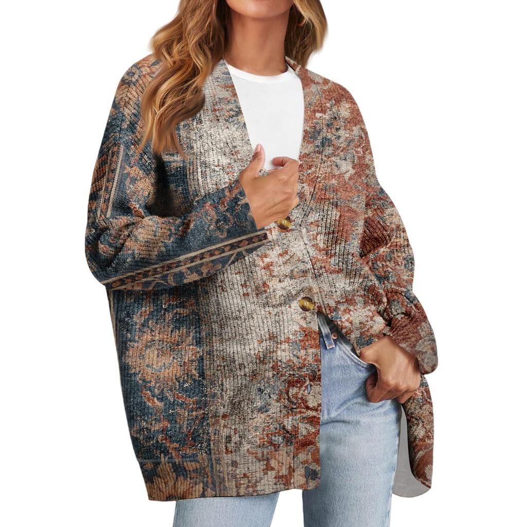 Women's Fashion Long Sleeve Print V-Neck Button Loose Cardigan Top
