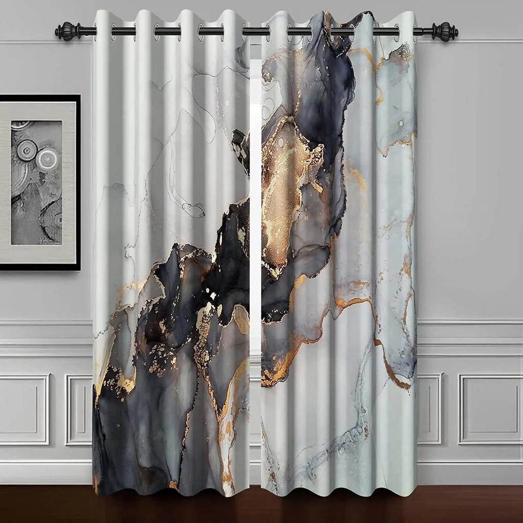 Perdele de Fereastră din Marmură cu Textură Neagră pentru Living Dormitor de Lux Art Fluid Negru Auriu Jaluzele Fereastră cortinas 2 panouri Draperii