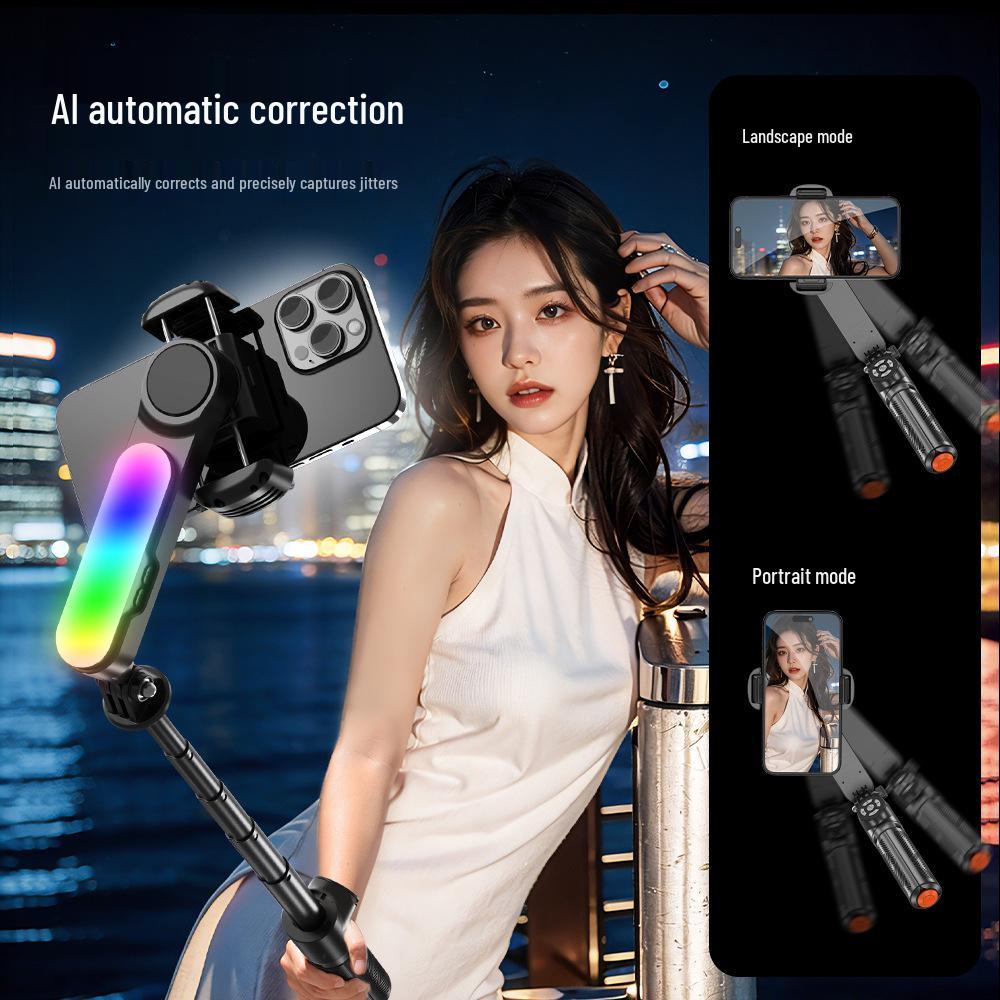 Tragbarer Bluetooth Selfie-Stick: Anti-Wackel-Gimbal, Fülllicht, Stativständer für Live-Übertragung und Fotografie