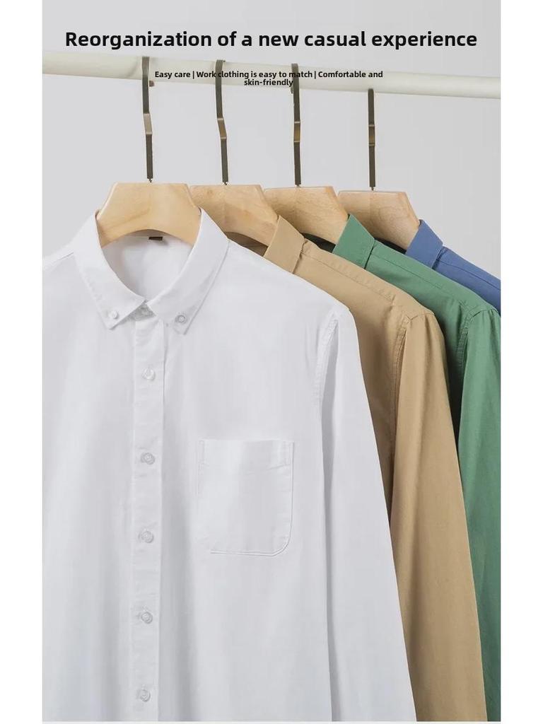 Men's Long-Sleeve Oxford Cotton Shirt - Breathable, Solid Color for Casual or Daily Wear