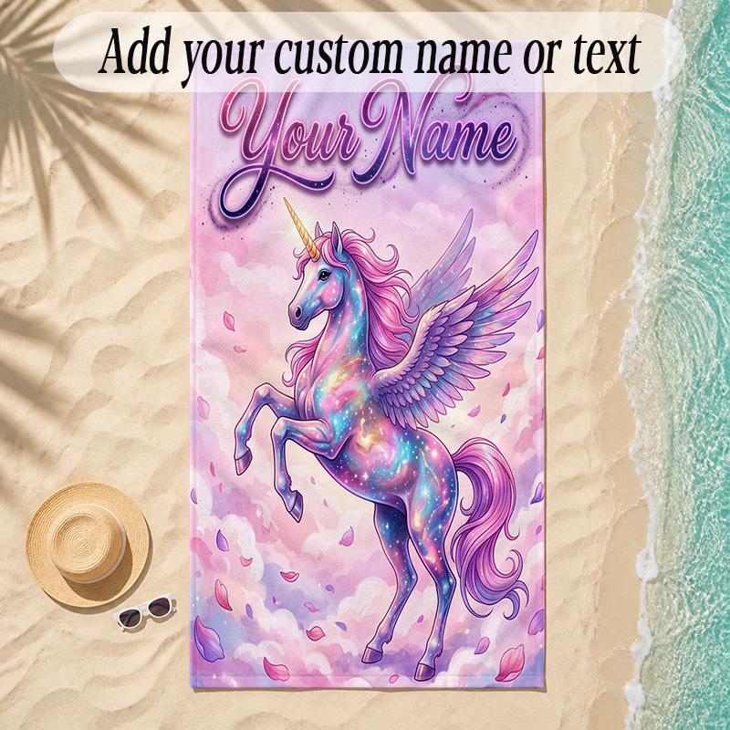 Unicorn Theme Soft Beach Towel Personalized Custom Name Text Towel Portable for Beach Pool Travel
