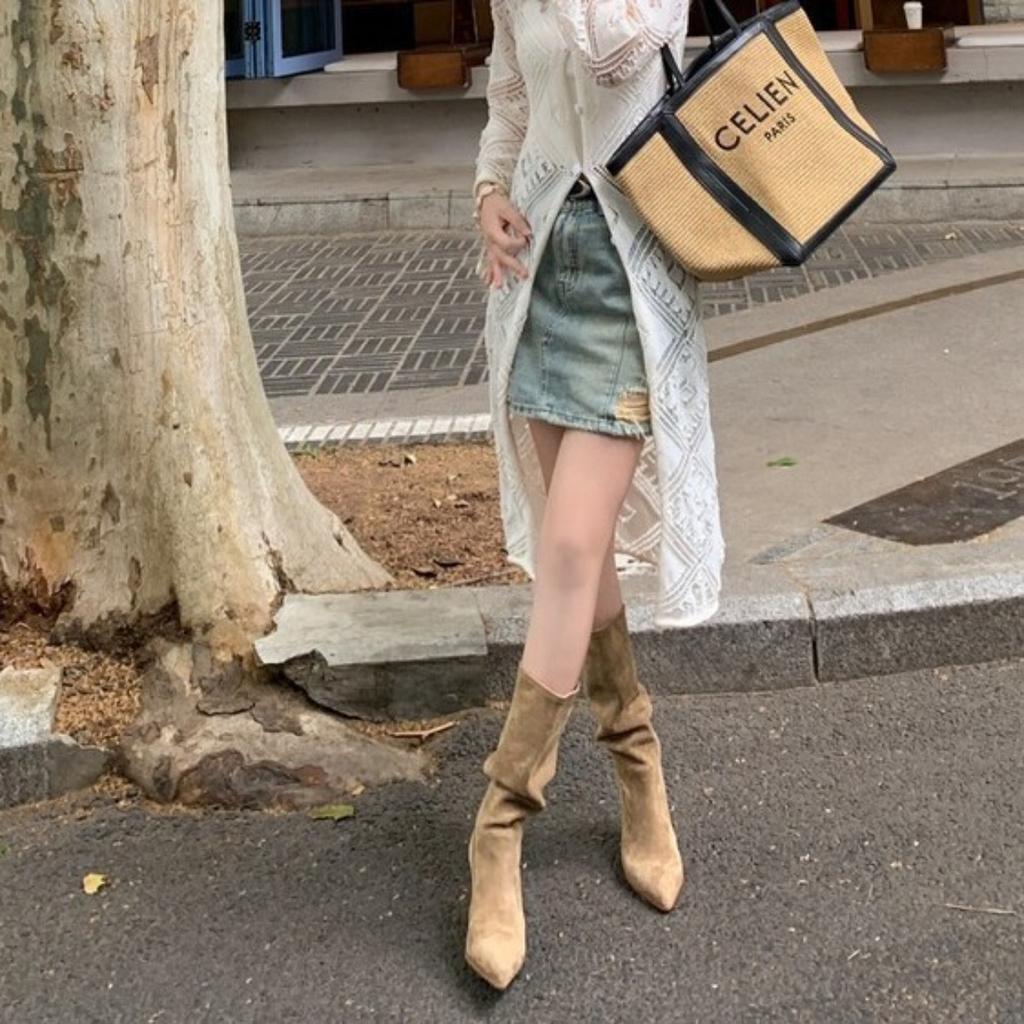 Všestranné boty s krátkým vlasem, tenký podpatek, vysoký podpatek, westernové kovbojské boty, krátké boty, dámské meruňkové úzké středně vysoké boty