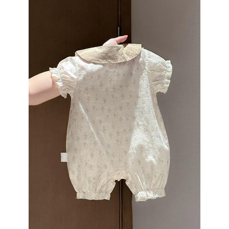 Stylish Floral Infant Romper Cream Tone Doll Collar Thin Breathable Summer Girls Daily Outdoor Suit
