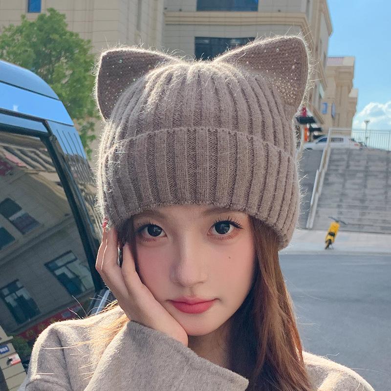 

Шерстяная шапка с кошачьими ушками Женская осенне-зимняя теплая милая вязаная шапка Корейская версия Повседневная шапка one size