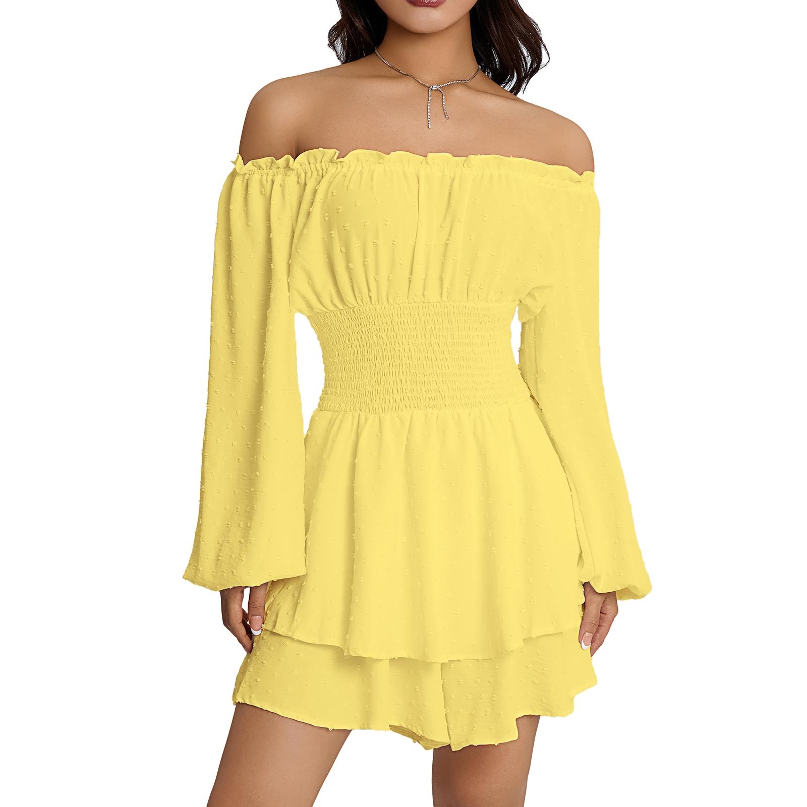 

Женский свободный комбинезон со сборками, летний женский кружевной вырез лодочкой с длинным рукавом и эластичной талией, боди с оборками, сиамские брюки XL жёлтый