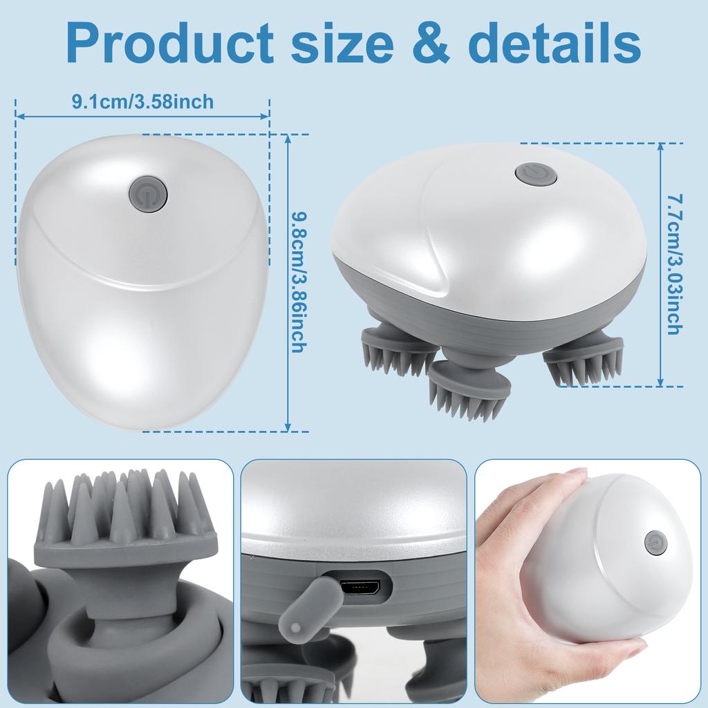 Electric Pet MassagingTool Handy Handheld Deep Scalp Massagedevice with 4 Massage Heads 3 Modes USB Rechargeable Waterproof
