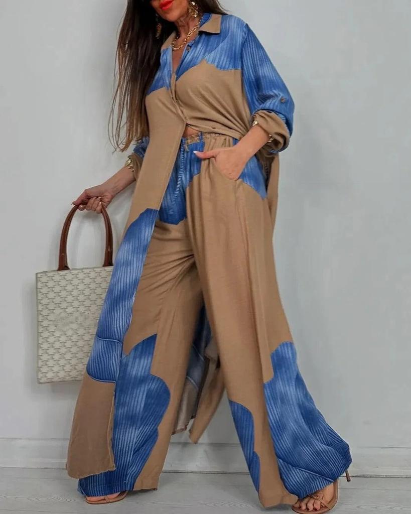 European and American Women's Clothing Spring New Fashion Casual Color Matching Loose Shirt Top Trousers Two-piece Set