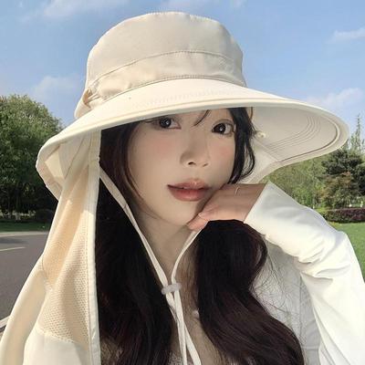 Korean Women Summer Sun Hat Large Brim Neck Protection Sunshade Hats Solid Color Fisherman Cap
