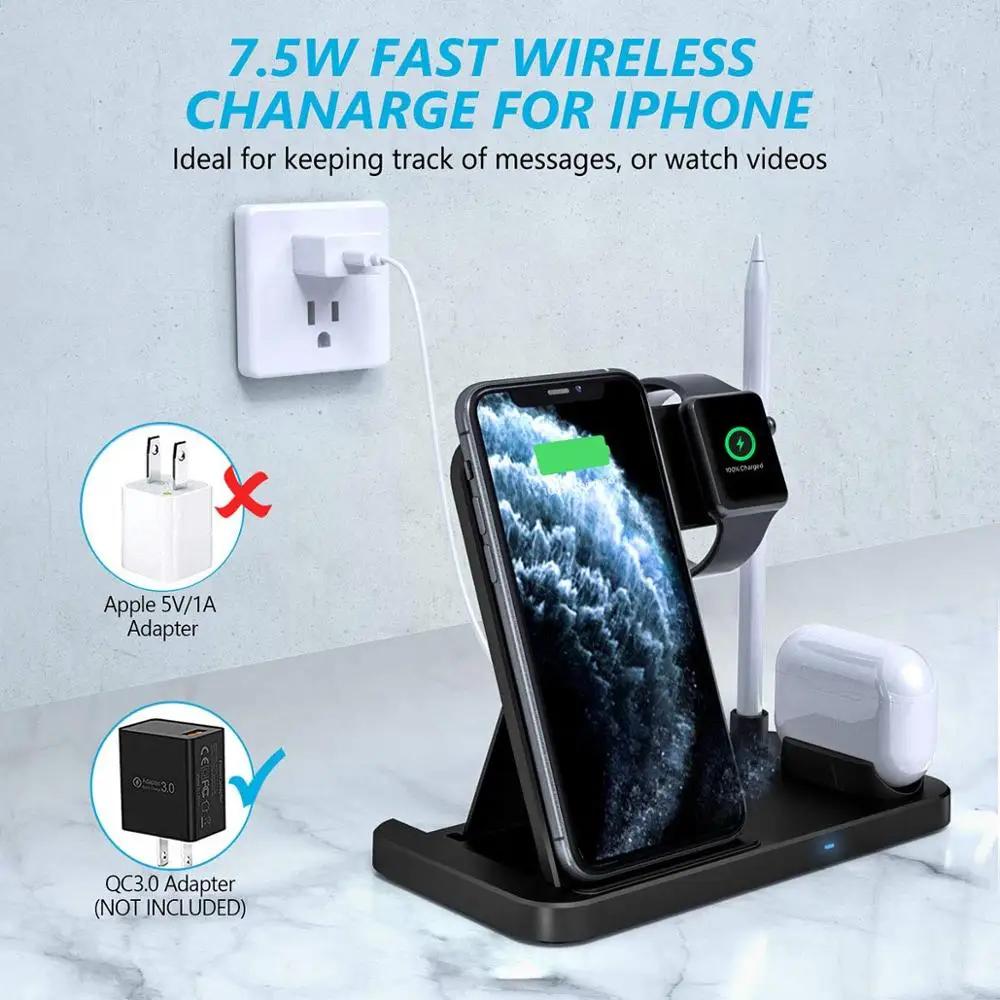 4 In 1 Qi Wireless Charger Stand 10W Fast Charging Dock Station For iPhone 13 12 11 XS XR X 8 Airpods Pro Apple Watch SE 6 5 4 3