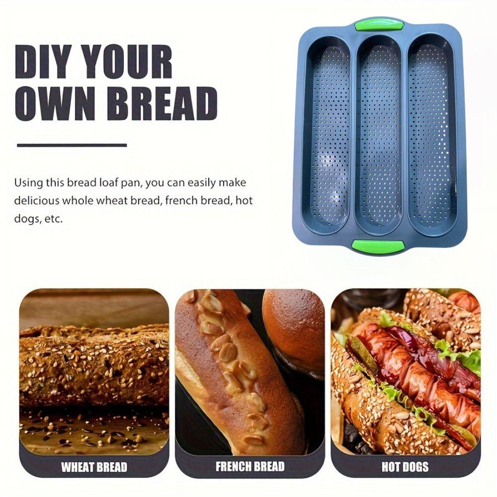 Non-stick Perforated Bread Mold 3 Slot Bake Mold Long Stick Bread Baking Tray  Hot Dog Buns