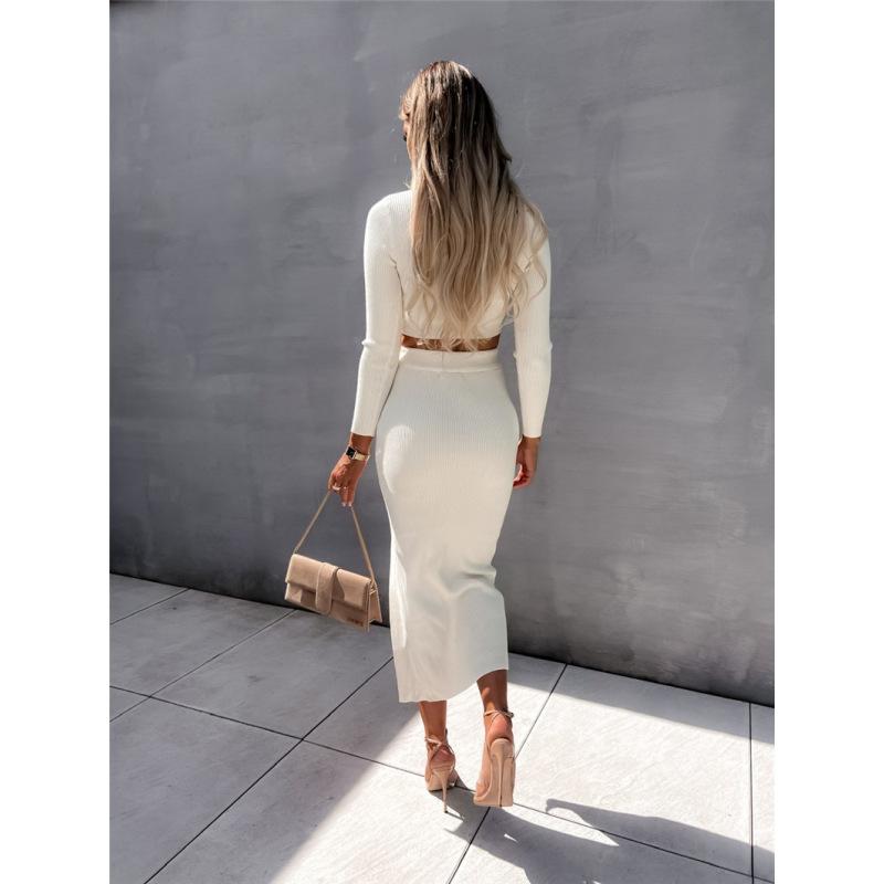 Dámský komplet jednobarevný krátký top s dlouhým rukávem a výstřihem do U sexy rozparkem dlouhá sukně dvoudílný komplet