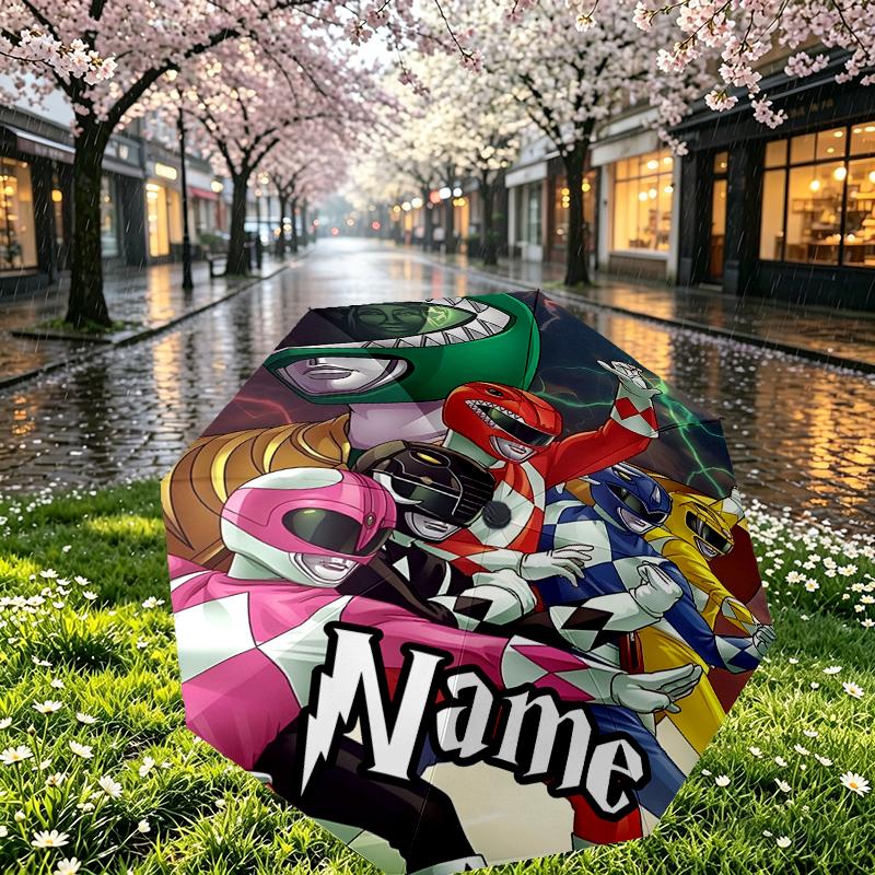 Custom Name Personalized Mighty Morphin Power Rangers Print Umbrella, Auto Open Close, 8‑Rib Sturdy Frame, Commute Camping Hiking Use, Birthday Gift