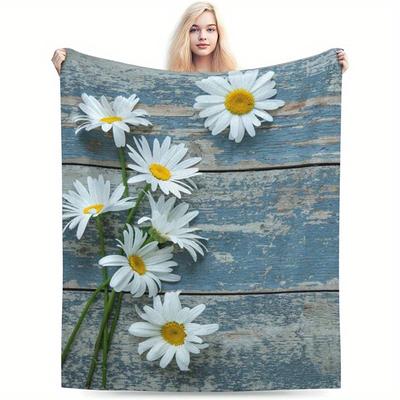 1pc Vintage Wood Board Daisy Print Blanket Polyester Fabric Machine Washable Suitable for Bedroom and Living Room Decoration
