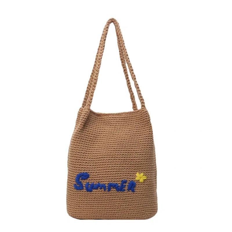 

Letter embroidered cotton thread straw bag new hand-woven bag women s large-capacity vacation beach bag shoulder women s bag Magnetic buckle