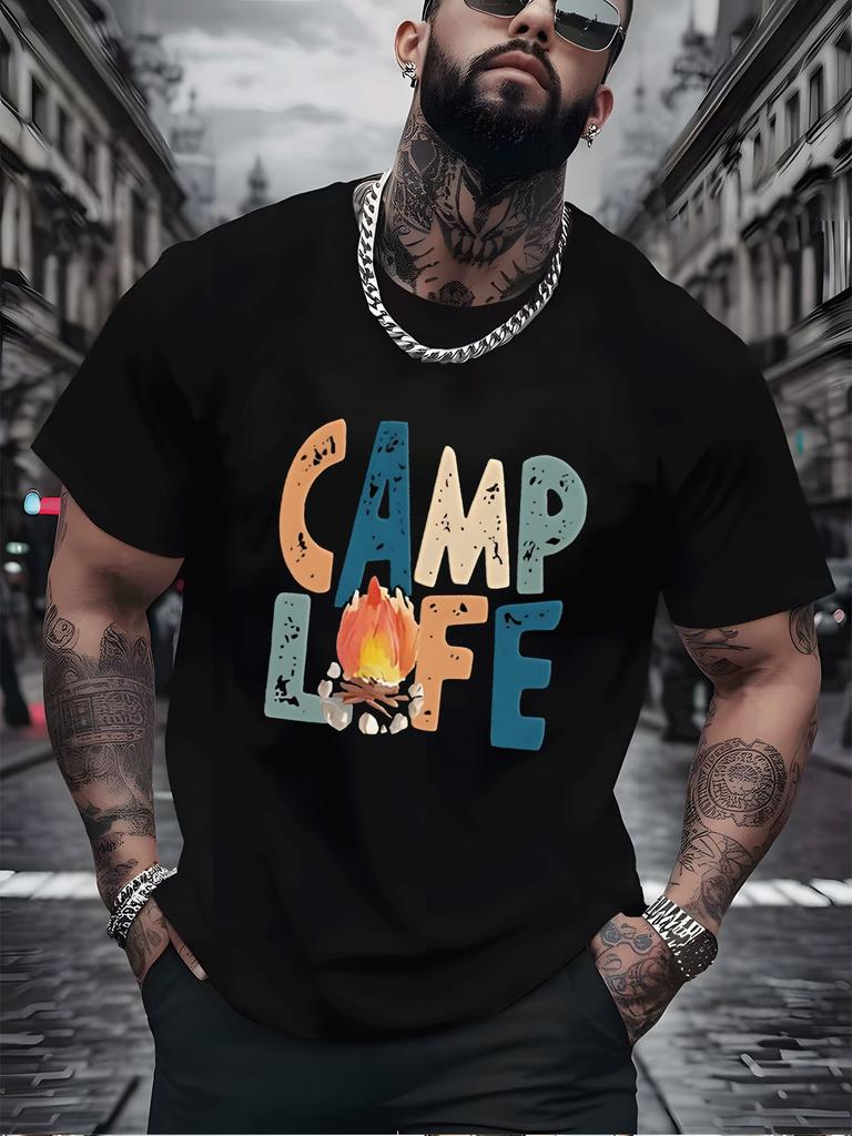 Unisexs Summer Cotton Tee Camp Life Bonfire Letter Print Crew Neck Short Sleeve Casual Loose Outdoor Streetwear Daily Fashion Tops