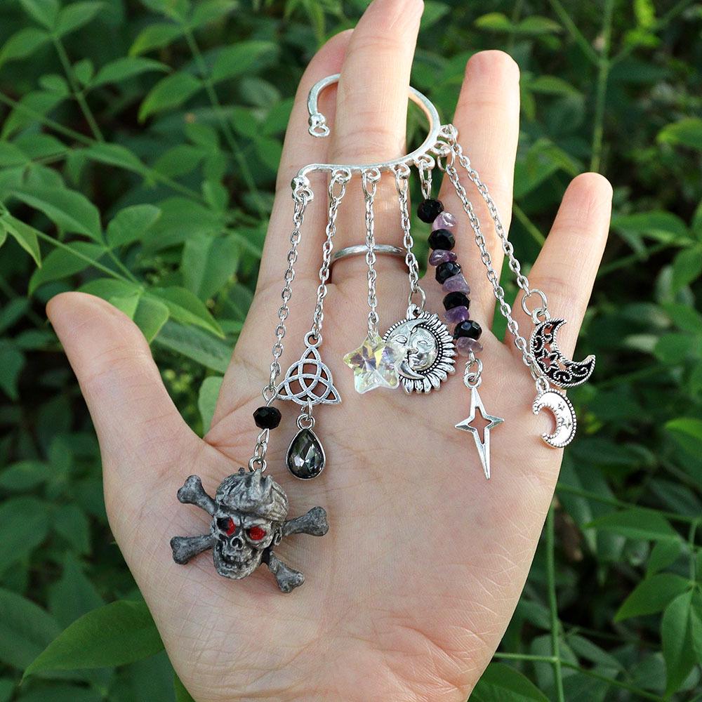 Handmade Witchy Skull & Moon Crystal Stone Charm Earrings