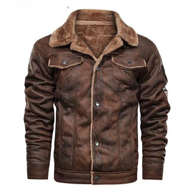 Winter Warm Leather Jackets Men Fleece Lined Fur Collar Pilot Flight Motorcycle Bomber Jacket Thicken Vintage Faux Leather Military Parka Coat
